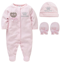 Load image into Gallery viewer, Honey Zone crown 3 piece rompers set with Breathable Soft Cotton Pajamas, Hat and Gloves
