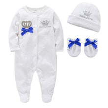 Load image into Gallery viewer, Honey Zone crown 3 piece rompers set with Breathable Soft Cotton Pajamas, Hat and Gloves
