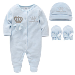 Honey Zone crown 3 piece rompers set with Breathable Soft Cotton Pajamas, Hat and Gloves