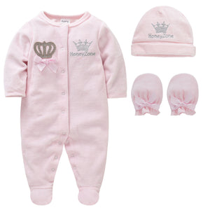 Honey Zone crown 3 piece rompers set with Breathable Soft Cotton Pajamas, Hat and Gloves