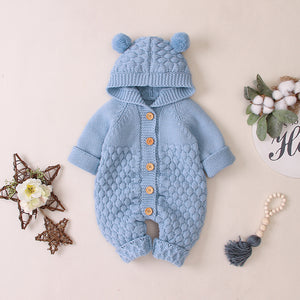 Woven fabric warm footie with hat and ears, can be used as a towel after bath to dry and warm.