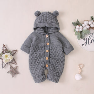 Woven fabric warm footie with hat and ears, can be used as a towel after bath to dry and warm.